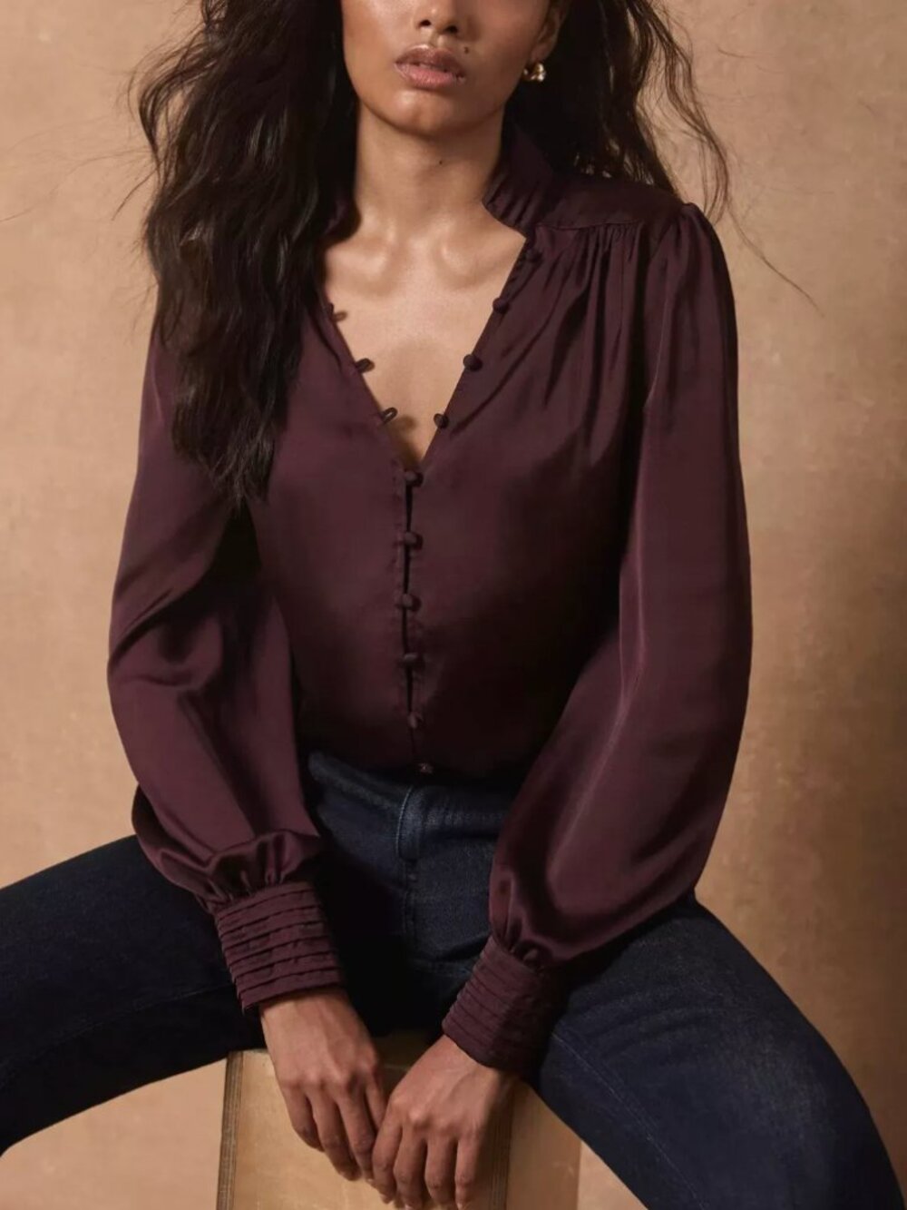 Mint Velvet Satin Blouse Red Plum Burgundy Satin Long Sleeve French